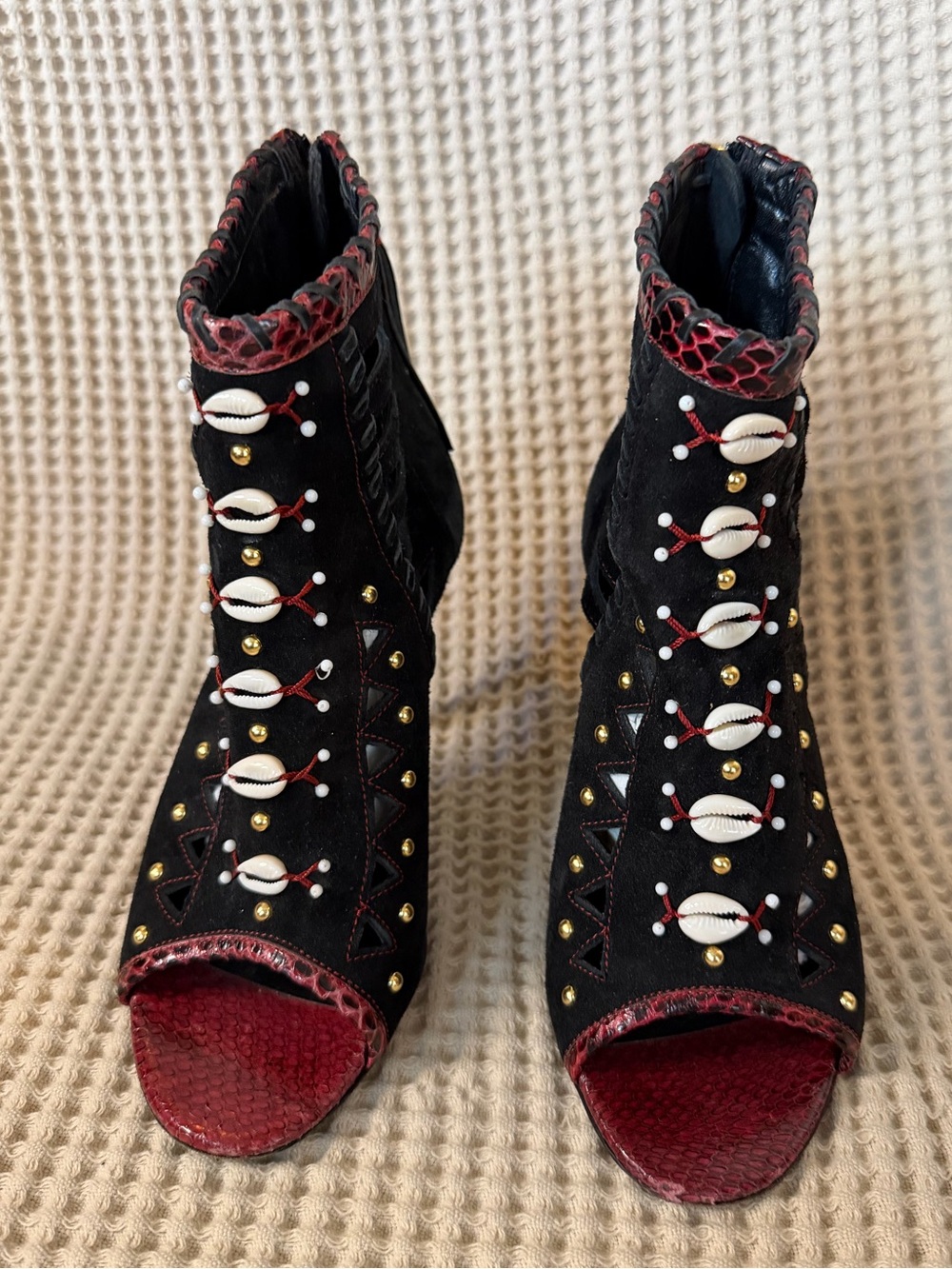 Tamara Mellon Suede Peep Toe Booties Snakeskin Cowrie Shell Embellished